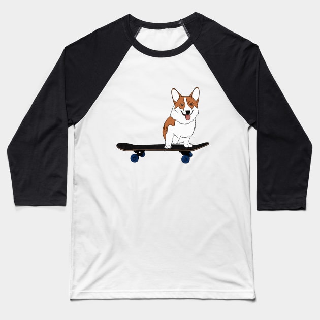 Corgi on Skateboard Baseball T-Shirt by rmcbuckeye